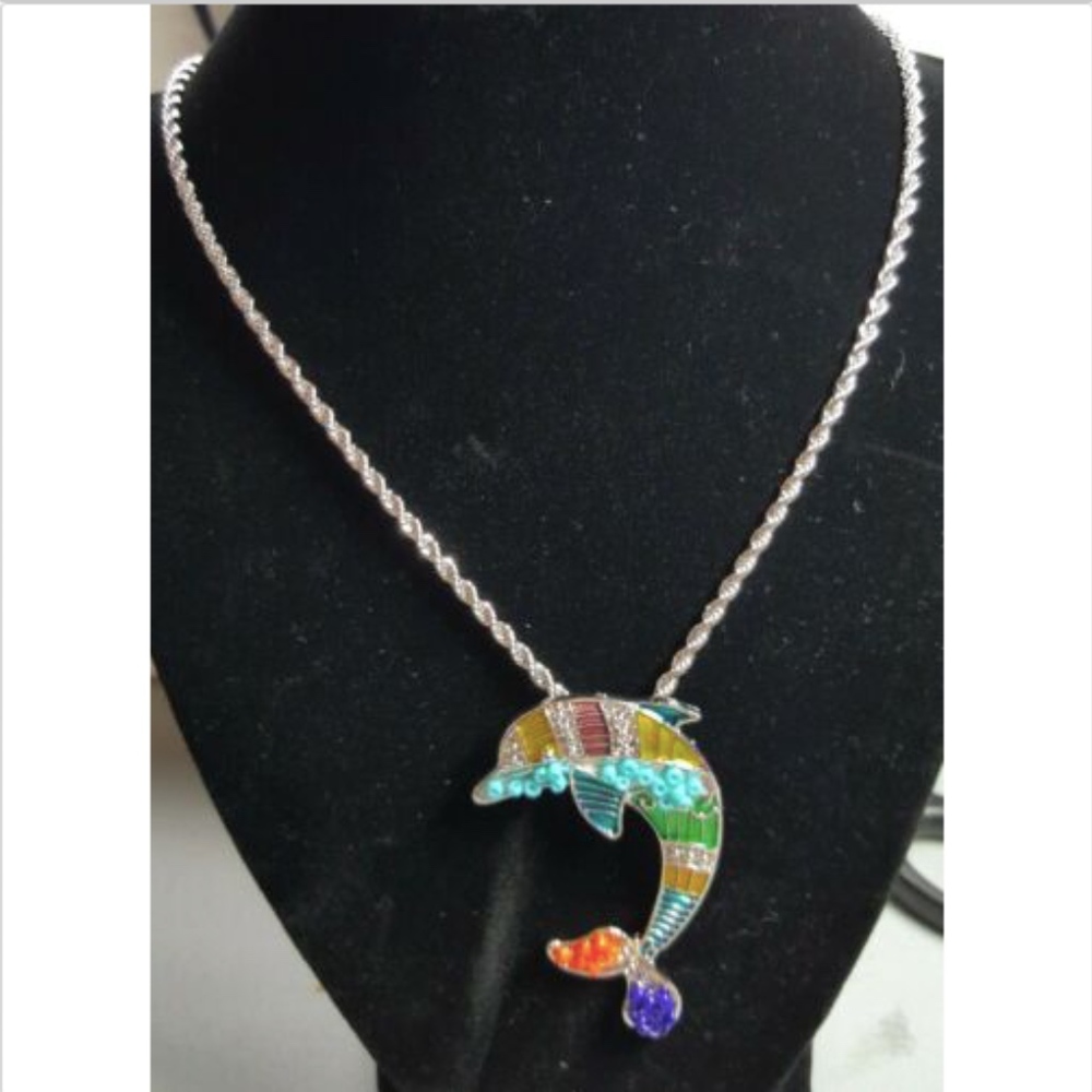 Dolphin Necklace Pendant Sweater Chain Silver  2.5 " *